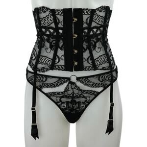 Aubade Women's Black Lace Sheer Corset Garter Belt Waist Cincher Lingerie Size S